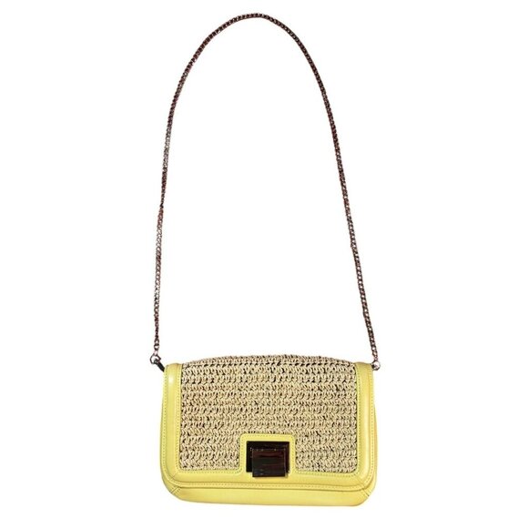 Talbots Yellow Woven Straw Leather Crossbody Purse Clutch Chain Strap Gold Clasp - Picture 1 of 16